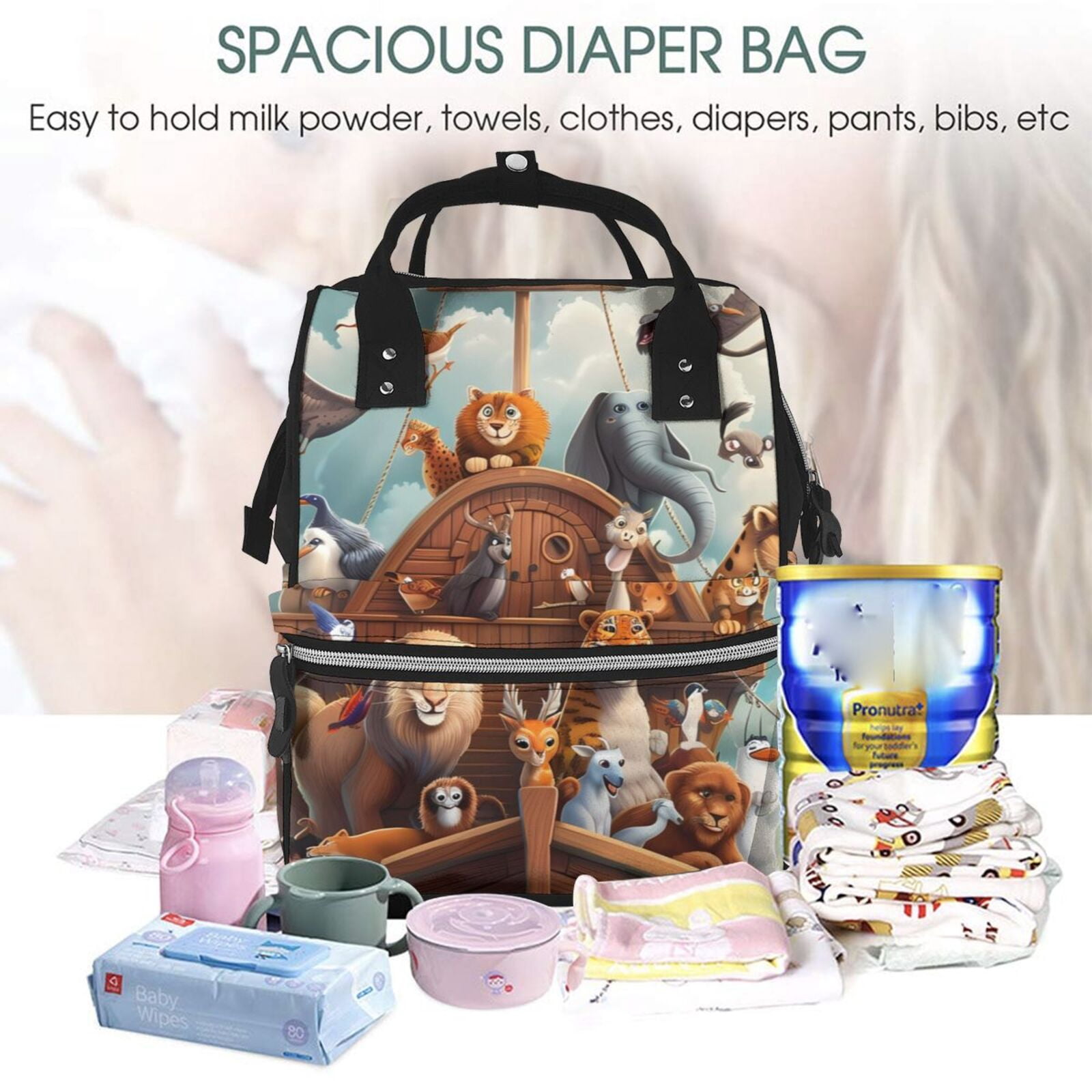 Ratiio Animal Filled Noahs Ark Mummy Backpack - Waterproof Twill Canvas, Large Capacity Diaper Bag with Multiple Pockets and Adjustable Straps