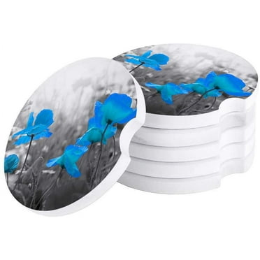 KXMDXA Elegant Blue Poppies Set of 4 Car Coaster for Drinks, Absorbent Ceramic Stone Coasters Cup Mat with Cork Base for Home Kitchen Room Coffee Table Bar Decor