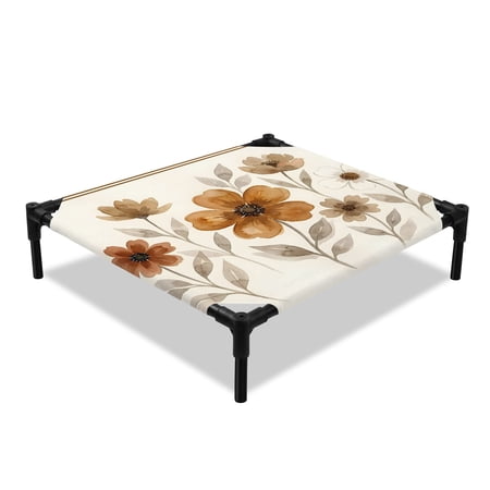Brown Flower Elevated Dog Bed Vintage Rustic Floral Watercolor Beige Wildflower Cooling Breathable Outdoor Raised Dog Cot Bed with Metal Frame Non-Slip Feet for Small Dog 20x20in