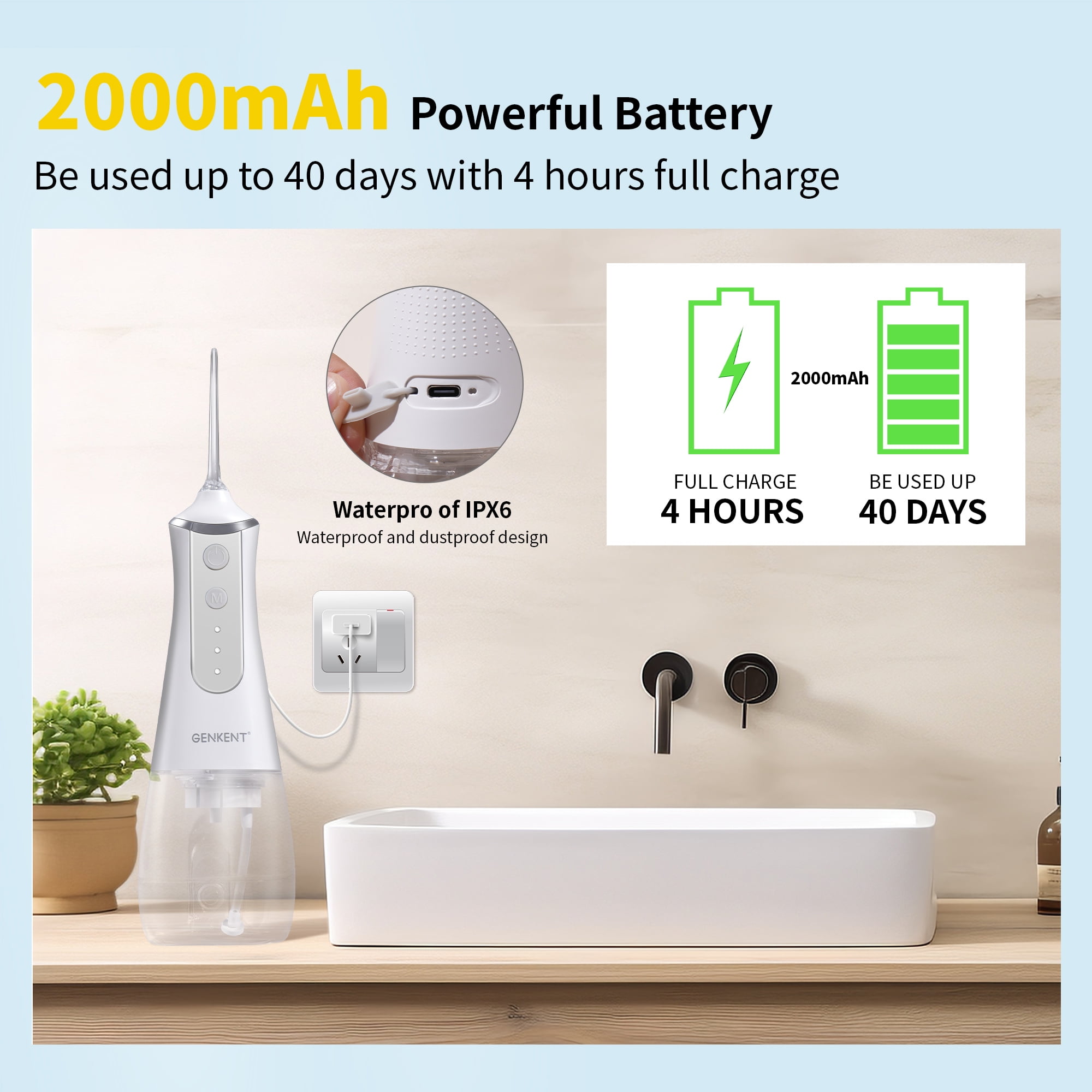 GENKENT Water Flosser for Teeth, Cordless Dental Flosser 3 Modes 5 Tips Rechargeable, White