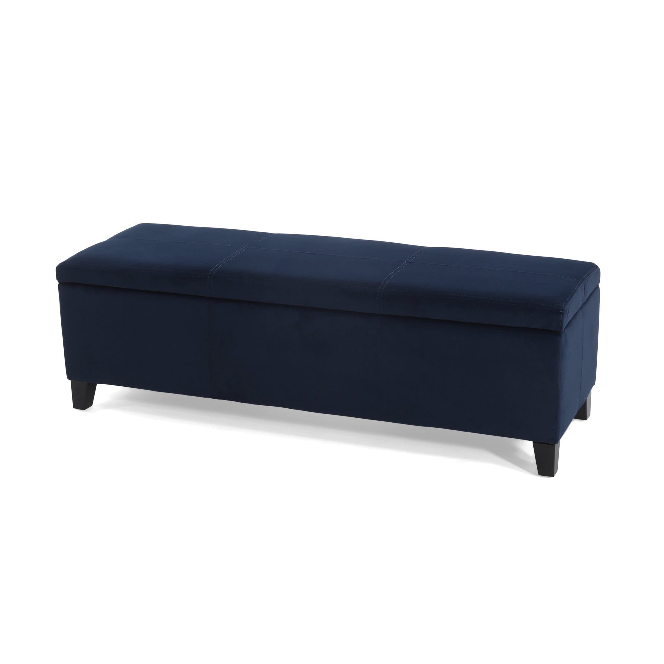 Noble House Canterbury Upholstered Storage Ottoman Bench, Dark Blue Velvet, Matte Black
