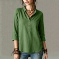 thumbnail image 2 of ClodeEU Women's Linen 3/4 Sleeve Crewneck Button Shirt with Side Slit,Solid Color Casual Summer Top Army Green,Women's Plus L, 2 of 9