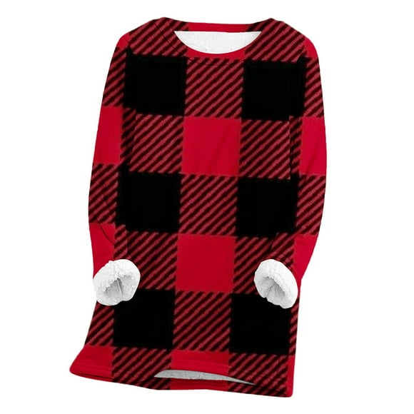 DDAPJ pyju Women's Sherpa Lined Fleece Pullover Clearance Sales,Loose Casual Crewneck Long Sleeve Plaid Shirts Soft Cozy Winter Thermal Loungewear Tunic Tops S - 6XL