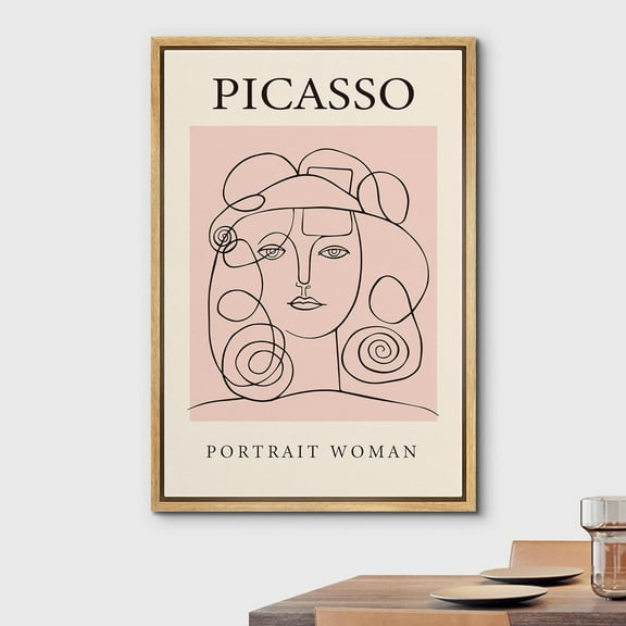 IDEA4WALL Framed Canvas Wall Art Pink Portrait Woman by Picasso Historic Cultural Illustrations Fine Art Chic Scenic Multicolor Print for Living Room, Bedroom, Office - 24"x36" Natural