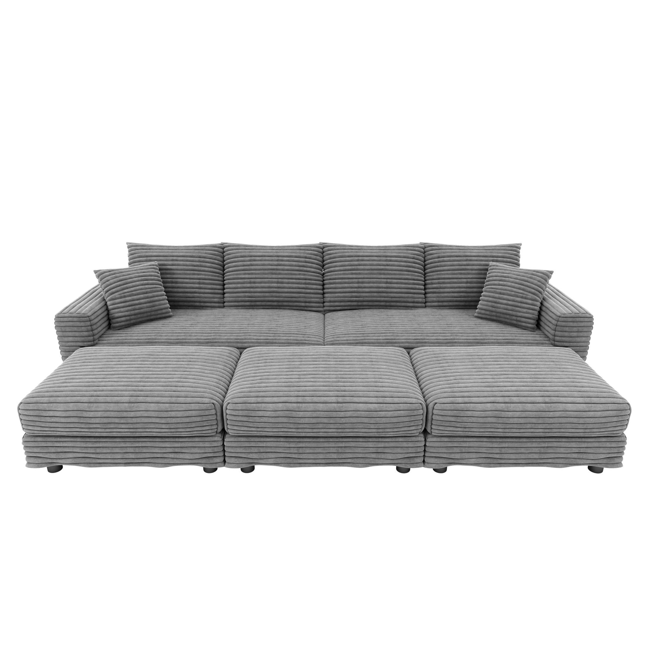 Noble House Nesta 4-Seat Plush Corduroy Cloud Sofa, Convertible Deep Seat Lounge Couch with 3 Ottomans & Soft Pillows, Grey