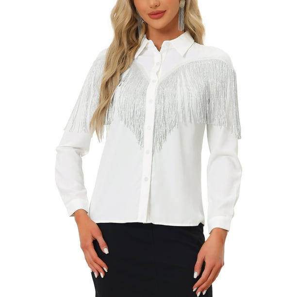 CAMISAS DE FRINGE PARA MUJER INSPIRADAS CHIC, DE MANGA LARGA, CON BOTONES, ESTILO COWGIRL, BLANCAS, TALLA 3XL