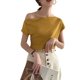 thumbnail image 1 of Camisa de punto para mujer, manga corta, hombros descubiertos, delgada, color sólido, amarillo Vogacara AP001509-03B, 1 of 7