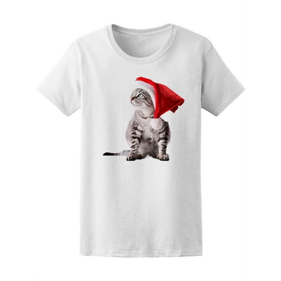 Christmas Santa Hat Cat T-Shirt Women -Image by Shutterstock, Female x-Large