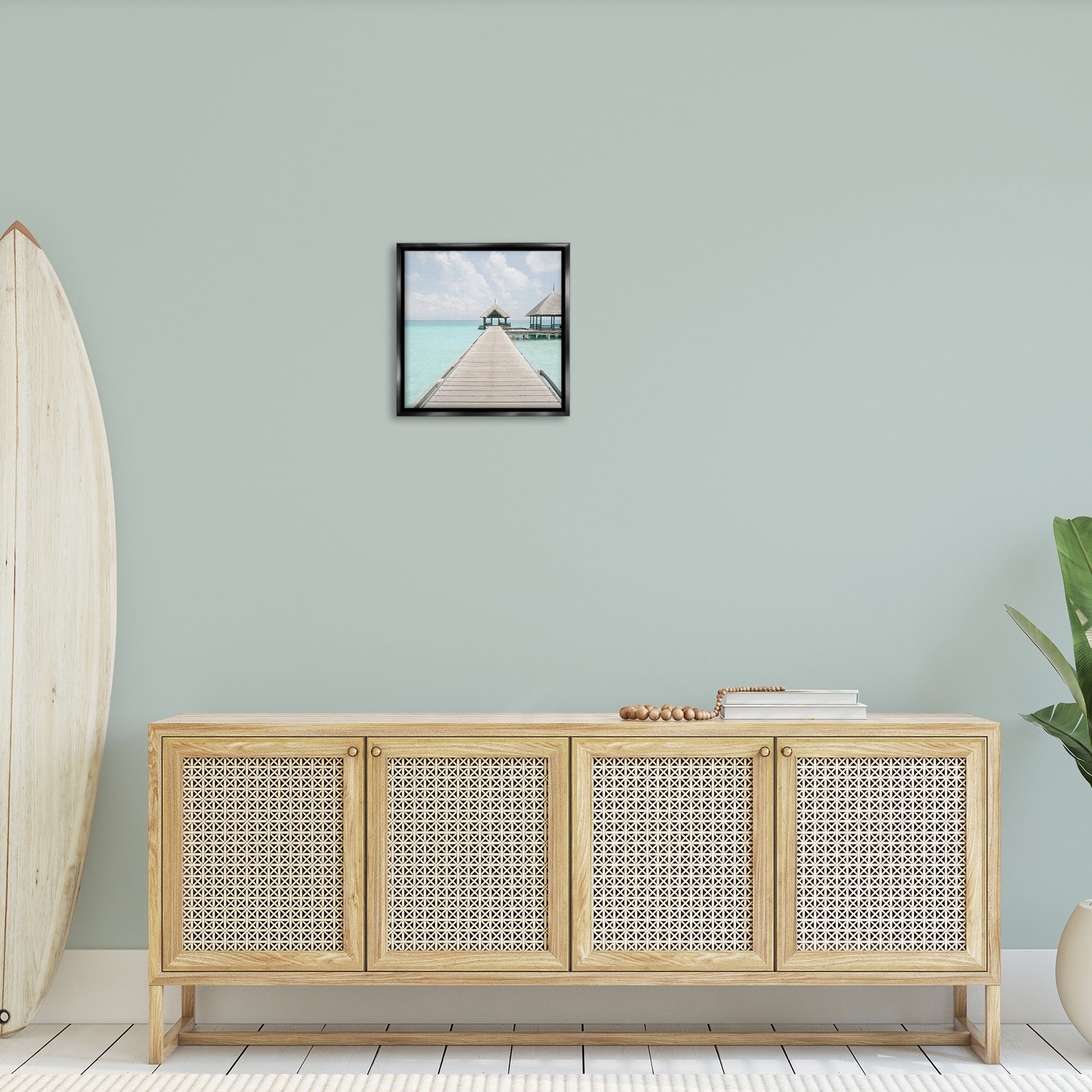 Stupell Industries Tropical Beach Pier Landscape Painting Black Floater Framed Canvas Art Print Wall Art, 18 x 18