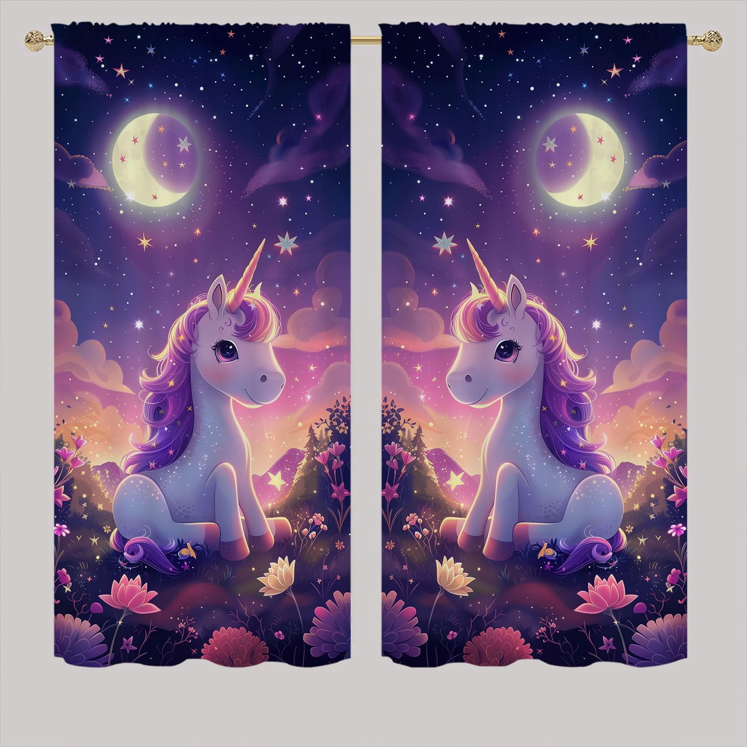 Cartoon Unicorn Blackout Curtains for Kid Girls Boys Bedroom, Stars Moon Dreamy Fantasy Cute Rod Pocket Window Drapes for Bedroom Living Room, W84 x L84 Inch