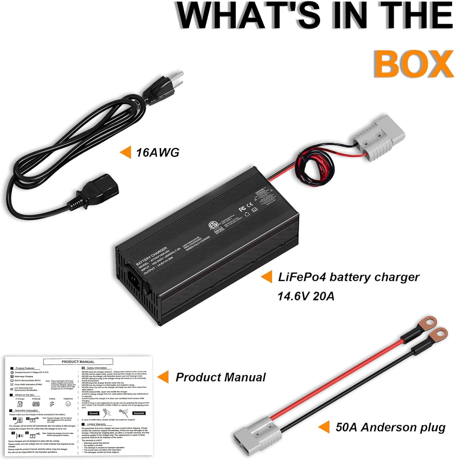 12V 20A LiFePO4 Battery Charger 14.6V Lithium Charger for 12.8V Deep Cycle Lithium Rechargeable Batteries