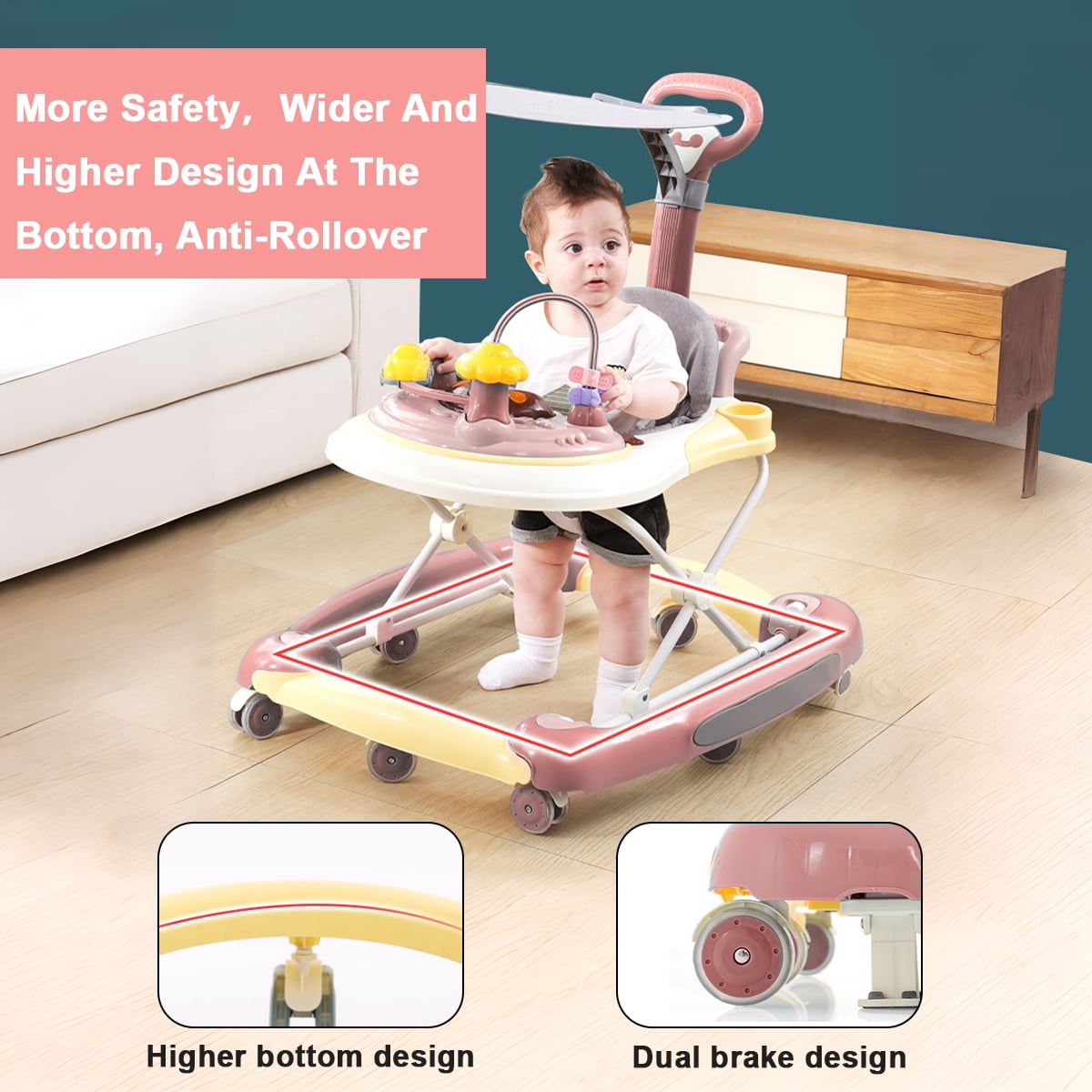 FACNOATIHN 5-in-1 Baby Walker, Musical Activity Push Walker with Detachable Awning Footrest, Adjustable Height, Pink