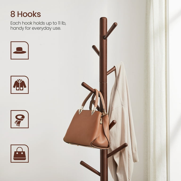VASAGLE Coat Rack Solid Wood Free Standing Coat Rack Tree-Shaped Coat Rack  with 8 Hooks for Clothes Hats Bags for Living Room Bedroom Dark Walnut