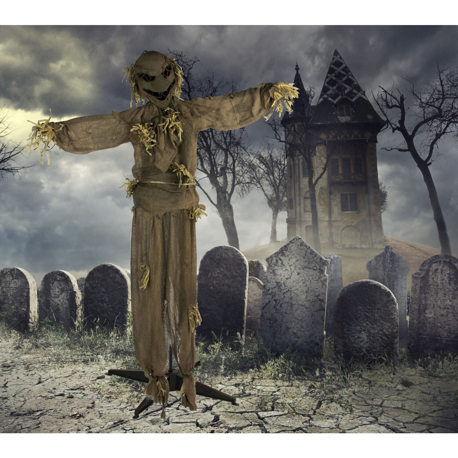 Haunted Hill Farm Life-Size Animatronic Scarecrow, Indoor/Outdoor Halloween Decoration, Multi-Color