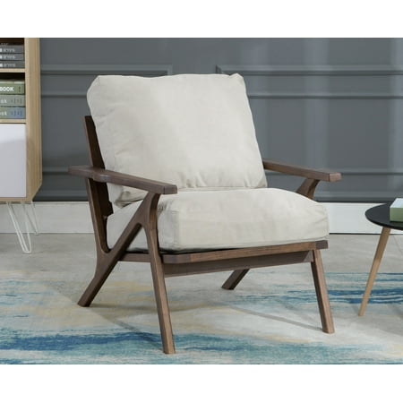Guyou Modern Accent Chair  Mid Century Upholstered Lounge Arm Chair with Wooden Frame and Removable Denim Cushion Single Sofa Chair for Living Room Bedroom Study  Beige
