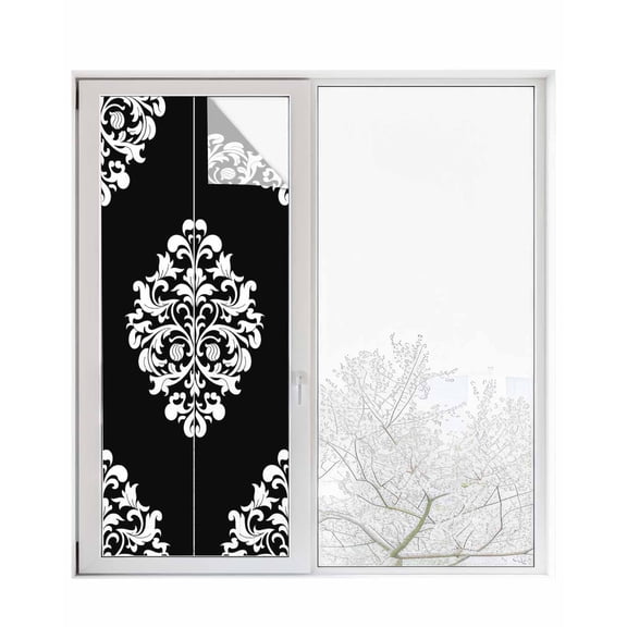 Window Privacy Film Baroque Black Stained Glass Window Film Decorative Sun Block Window Cover Vintage Damask Classic Floral Window Clings Static Adhesive Sticker for Bathroom 23.6"x59"