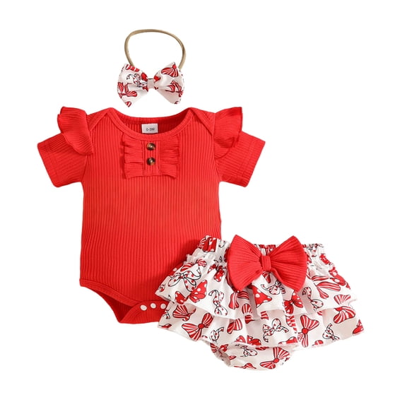 Staki Newborn Girl Clothes Baby Double Ruffle Romper Summer Dress Newborn Outfits Girl 3M 6M 9M Red,3-6 Months