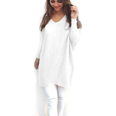 - Solid V-neck Women Autumn Sweaters Long-sleeve Pullovers Tops Loose Blouse