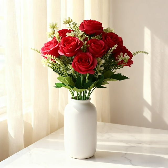 Ramo artificial de 6 rosas para fiestas, bodas y decoración. Flores artificiales para salones. Rosas de plástico.