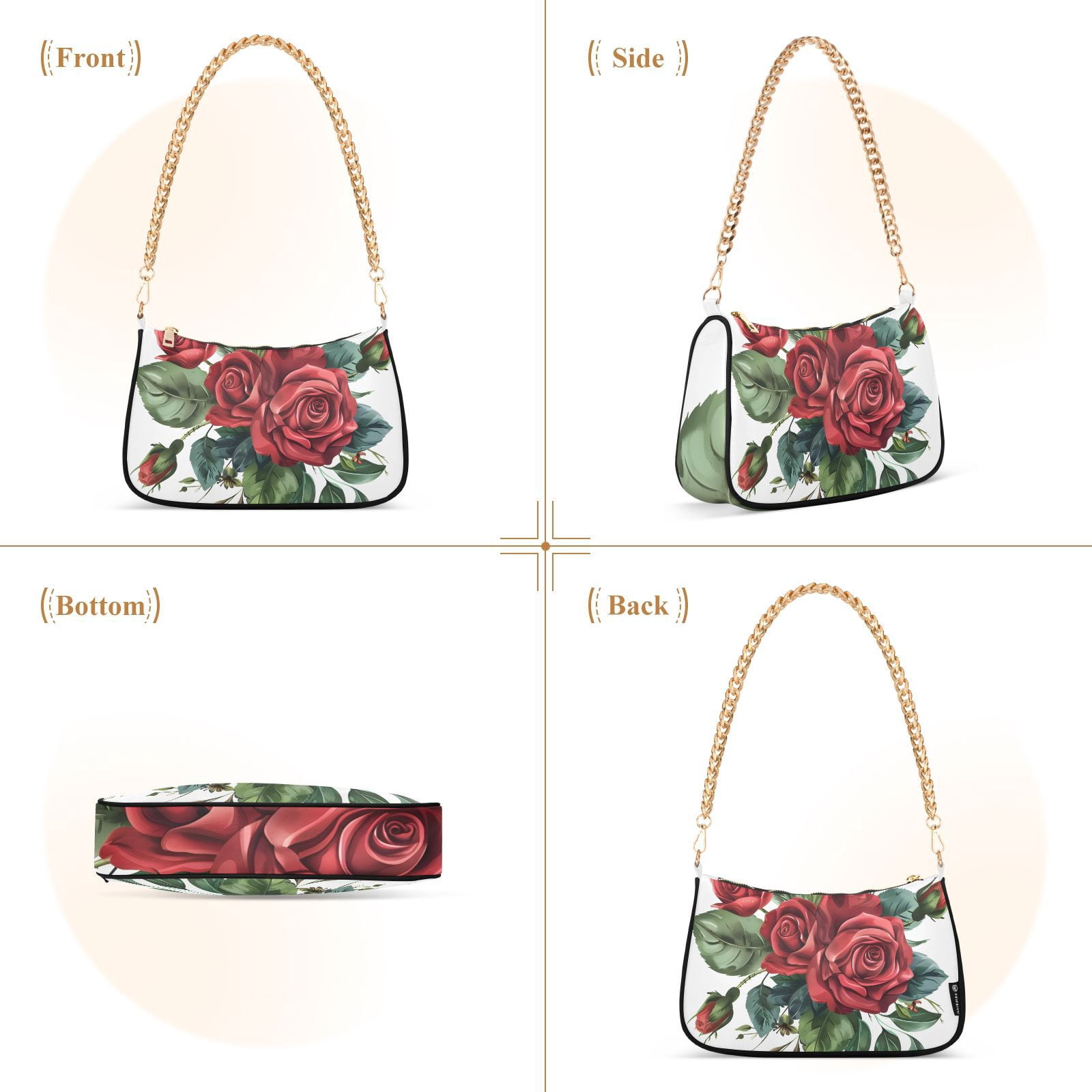 Red Roses Green Leaves FlowersWomen Small Shoulder Bag Crossbody Tote Hobo Bags Purse Clutch Handbags with Chain Strap for Women