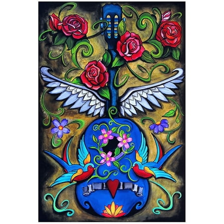 Tattoo Art Print - Song Bird by Melody Smith Swallows Mexican Guitar Tattoo Framed Fine Art Print
