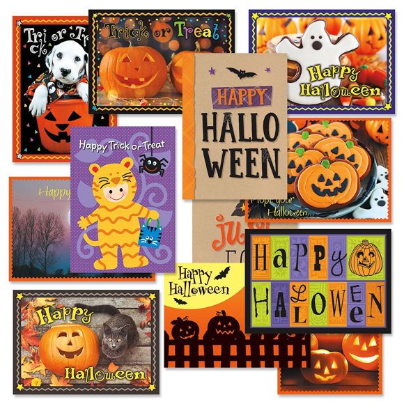 Juego de tarjetas de felicitación actuales para Halloween, 12 grandes, 12 diseños únicos