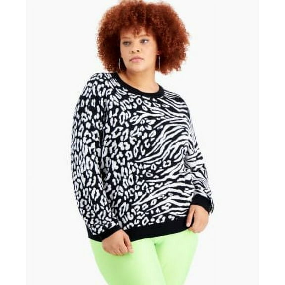 MSRP $80 Bar III Womens Plus Animal-Print Sweater Black Size 1X