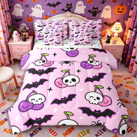 Manfei Halloween Kawaii Skull Cherry 7-Piece Twin Bedding, Cute Spider Bat Bedding Comforter Set, Pink Purple Black,Reversible