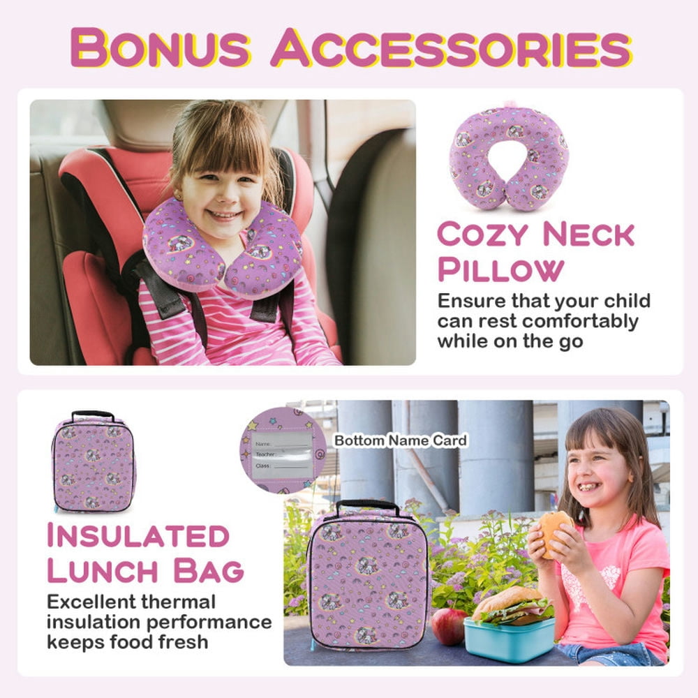 Topcobe 5 Piece Kids Luggage Set with Backpack Neck Pillow Name Tag Lunch Bag, Kids Rolling Luggage-Pink