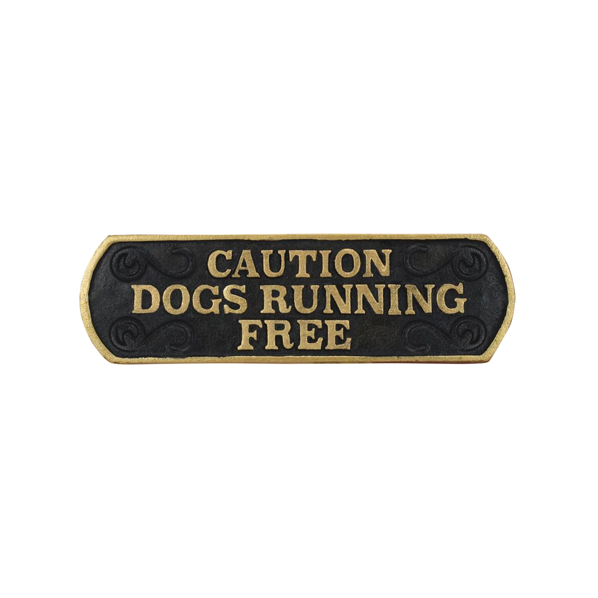 Cast Iron "Caution Dog Running Free" Plaque Sign - Embossed Black & Gold, Oval