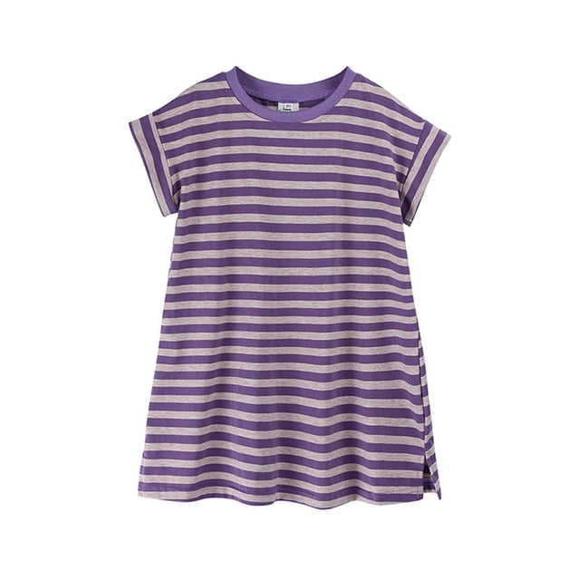 MIASHUI Vêtements d'Été pour Petites Filles Robe Décontractée à Manches Courtes Rayée, Violet, 1-2 Ans