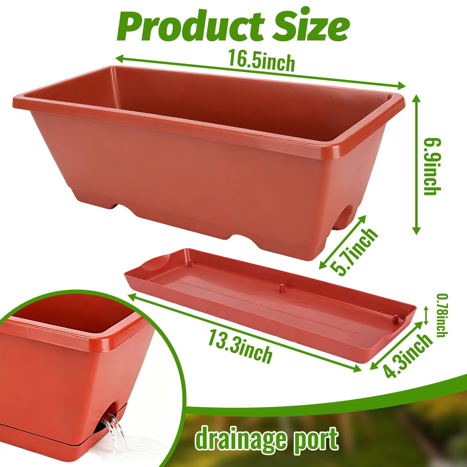 Window Boxes Planters Brick-red 7 Pack 17 Inch Plastic Rectangular Flower Pots for Indoor/Outdoor Plants Herbs Vegetables