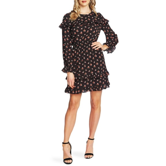 CECE Womens Black Floral Long Sleeve Knee Length Ruffled Dress Size: XL