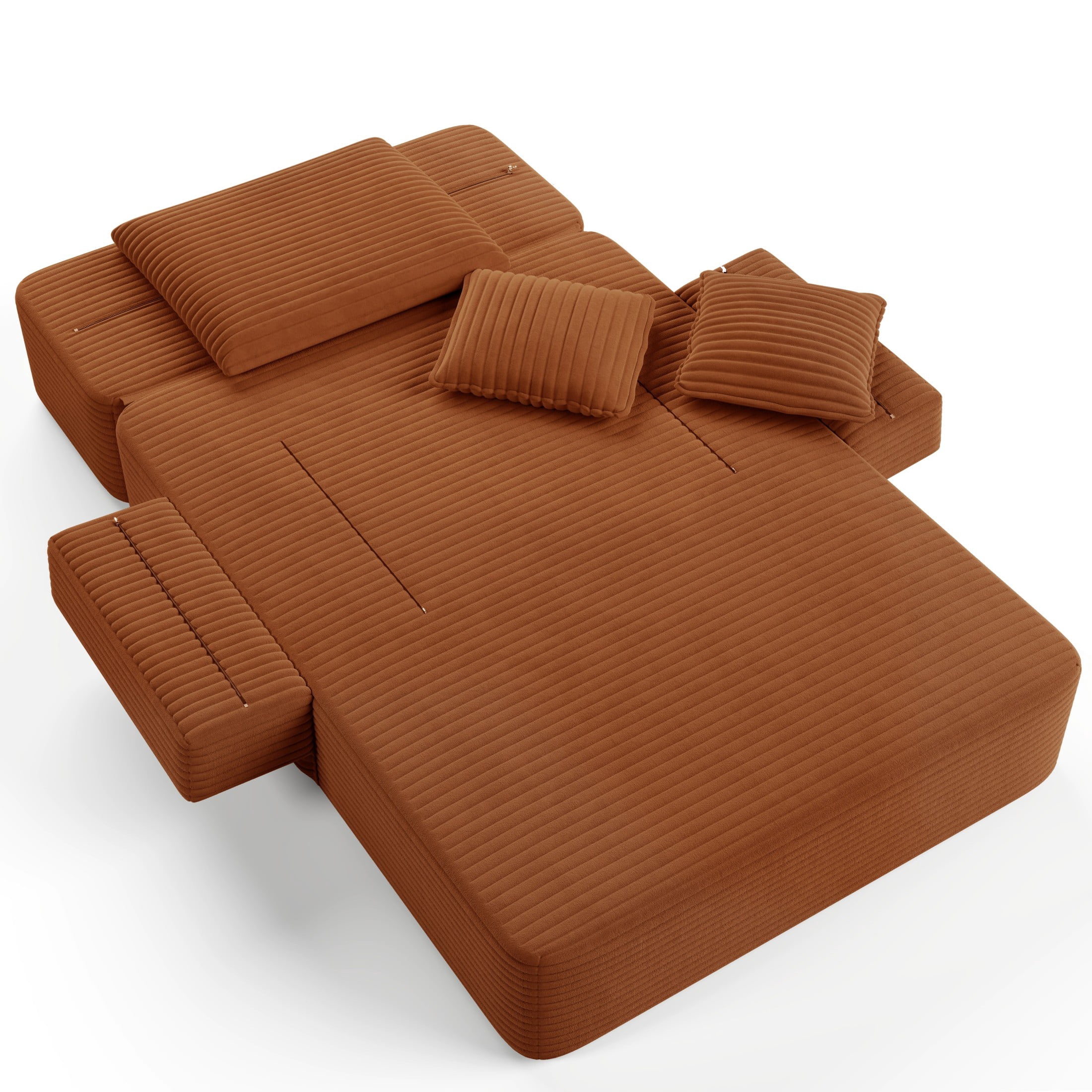 Aukfa Oversized Corduroy Chaise Lounge Chair, Convertible Boneless Sleeper Sofa Bed with 3 Pillows&Storage Pockets, Orange