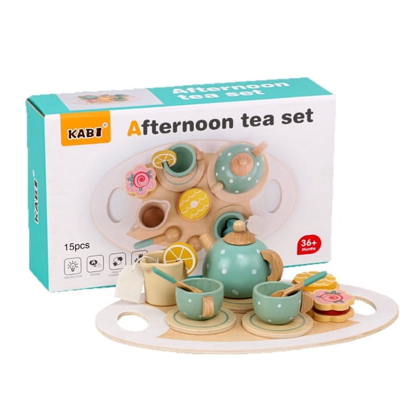 BUTOMKY 15pcs Wooden Tea Set for Toddlers, Pretend Play Tea Party Playset with Play Food, Kids Play Kitchen Accessories, Educational Wooden Toys for Girls Boys Ages 3-6