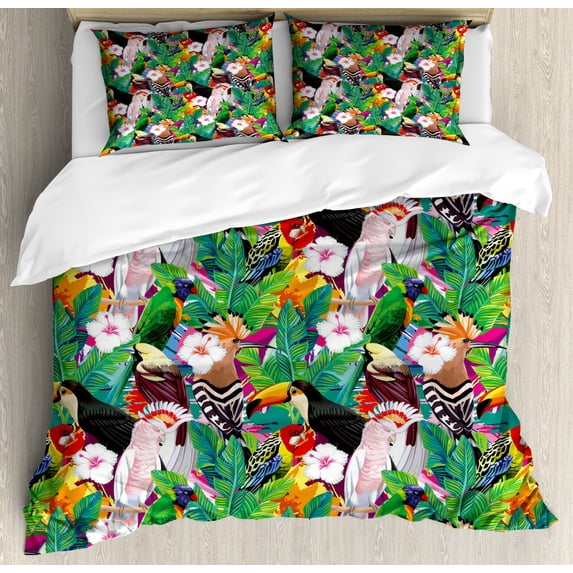 Colorful Duvet Cover Set Queen Size, Exotic Composition of Bird Toucan Parrot Hoopoe Palm Leaves and Hibiscus Flowers, Decorative 3 Piece Bedding Set with 2 Pillow Shams, Multicolor, by Ambesonne