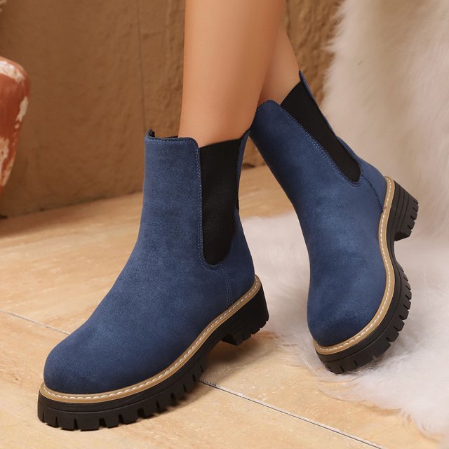 Fankiway Bottes à Bout Rond en Suède pour Femmes Style Britannique Bottines à Talon Épais pour Femmes Automne Hiver Chaussures Mode Bleu
