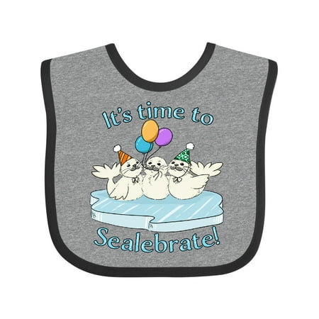 

Inktastic It s Time to Sealebrate Seals with Balloons and Party Hats Boys or Girls Baby Bib