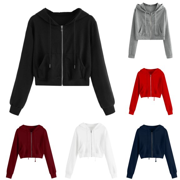 Womens Cropped Zip Up Hoodie Casual Drawstring Hooded Sweatshirt Fall Fashion Crop Jacket with Pockets