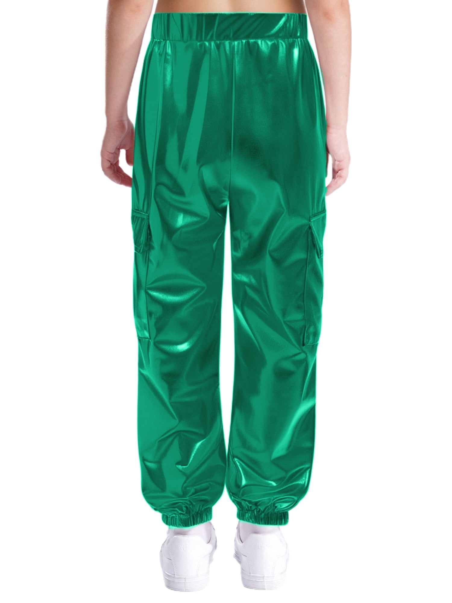 RUNQHUI Girls Boys Metallic Shiny Cargo Pants Kids Multi Pockets Joggers Holographic Hip Hop Jazz Dance Trousers Green 10
