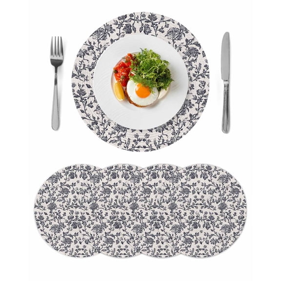 Spring Flowers Round Placemats Set of 4 for Dinning Tables,Heat-proof Braided Table Mats 15 Inch,Farmhouse Dark Blue Pastoral Floral Leaf Washable Place Mat for Kitchen Restaurant Party Table Decor