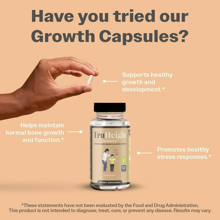 TruHeight Capsules - Height Growth Supplement - Grow Taller with Vital Nutrients for Kids & Teens - Keto with Ashwaganda & Nanometer Calcium - Increase Bone Strength, Ages 5+