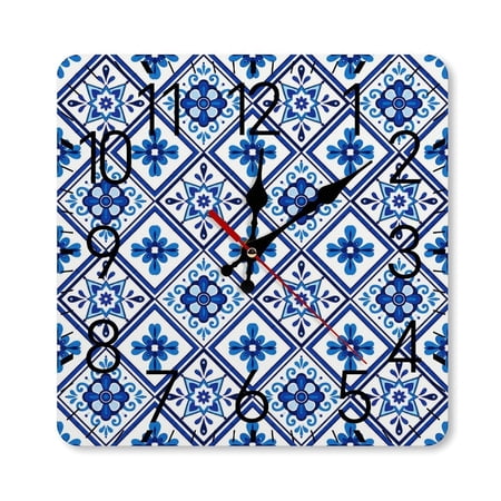 RKSupls 10×10inch Square Silent Wall Clock Wooden Frame, Blue White Diamond Flower Grid Scale Decorative Clock for Home Bedroom Living Room Office