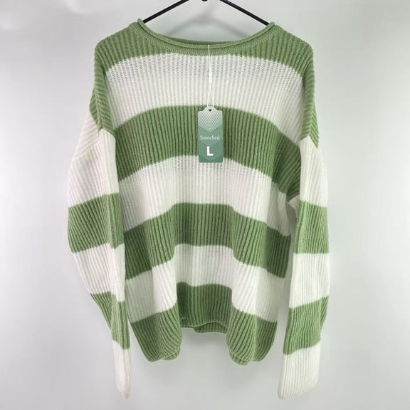 Smocked Sweaters,Women's Fall Long Sleeve Crew Neck Striped Color Block Comfy LooseOversized Knitted Pullover Sweater(L)