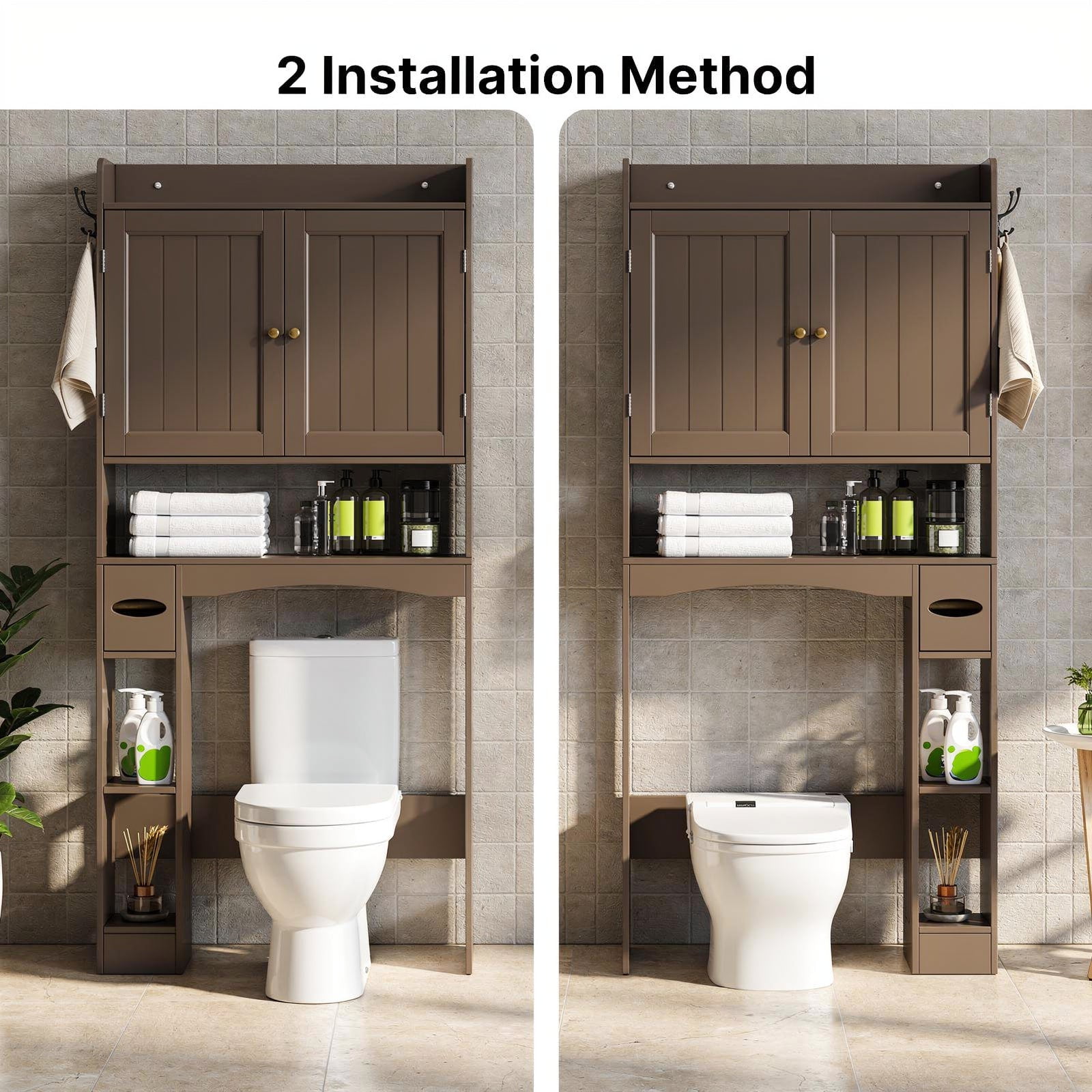 Aiho 70.3" Tall Over the Toilet Storage Cabinet, Bathroom Organizer Above Toilet with Adjustable Shelves & 2 Side Hooks, Space Saver for Bathroom, Laundry, Dark Brown