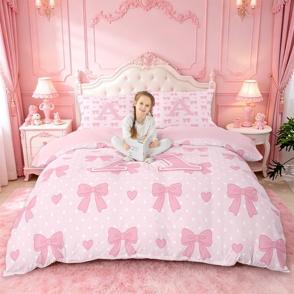 Manfei Kawaii Bows Duvet Cover Set For Girls,Pink Letter A Initial Lettering Bedding Full,Pink Reversible,3 Pieces(No Comforter)