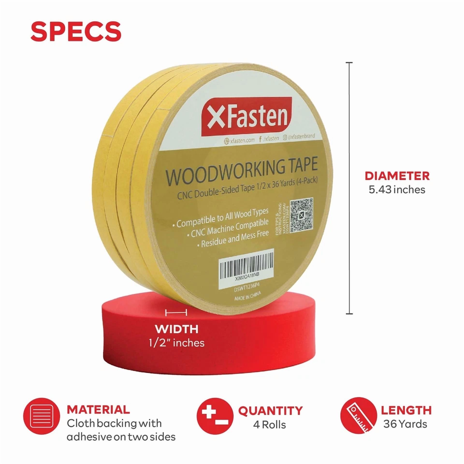 VIVA - Xfasten Double Sided Woodworking Tape 1/2" X 36 Yards (4-Pack)