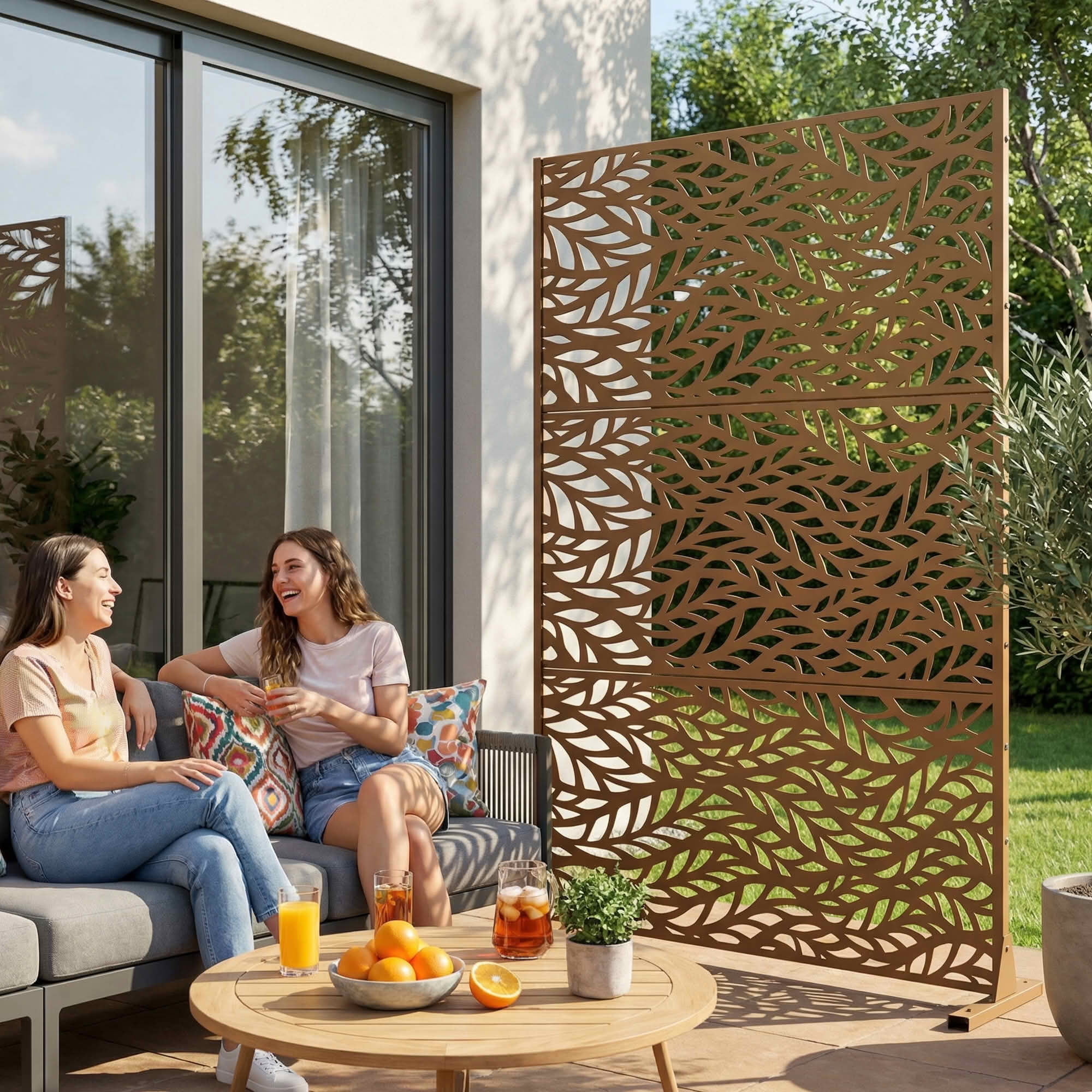MAYEERTY Brown Rectangular Galvanized Metal Privacy Screen, Outdoor Garden Patio, 72×47×16in, 3 Panels