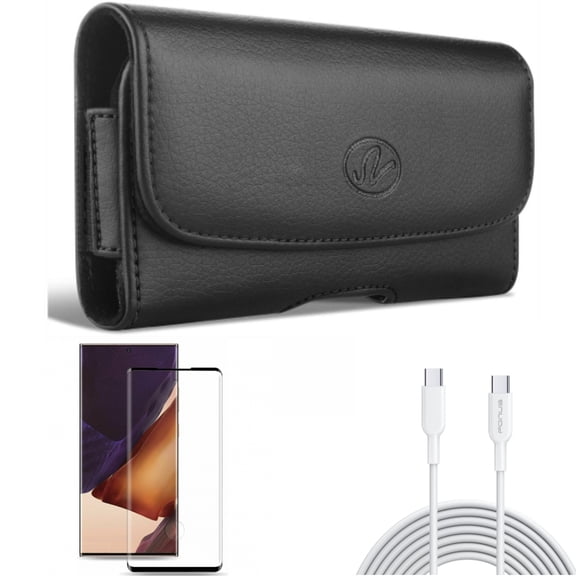 Case Belt Clip & Screen Protector & 10ft Long Type-C Cable for Samsung Galaxy Note 20 Ultra (6.9") - Combo with Leather Swivel & Tempered Glass (Fingerprint Unlock) & Fast Charger Cord PD