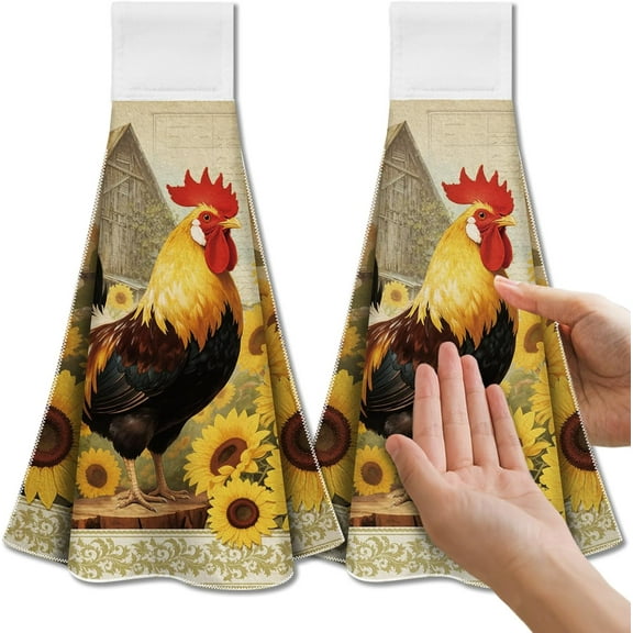 Rooster and Sunflower Hanging Kitchen Towels with Loop Set of 2 - Soft Super Absorbent Microfiber Decorative Hanging Dish Hand Towel Tea Coffee Towel for Kitchen Bathroom Oven Handle